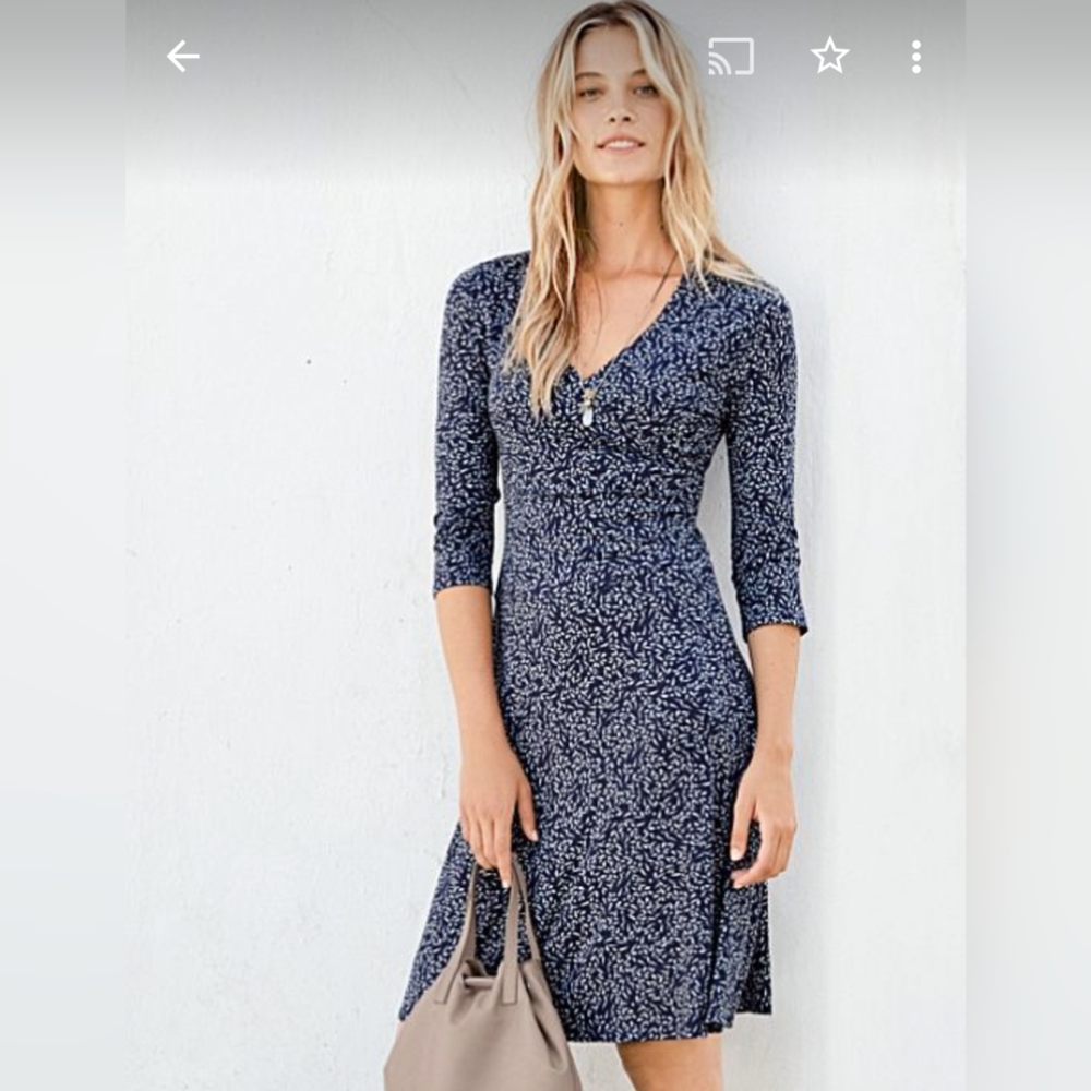 Garnet Hill Brianna Faux Wrap Navy White Knit Dress Size S